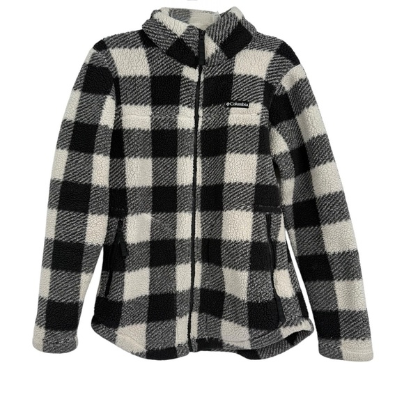 Columbia West Bend Sherpa Fleece Jacket Black White Check Size Small Full Zip - Picture 2 of 9